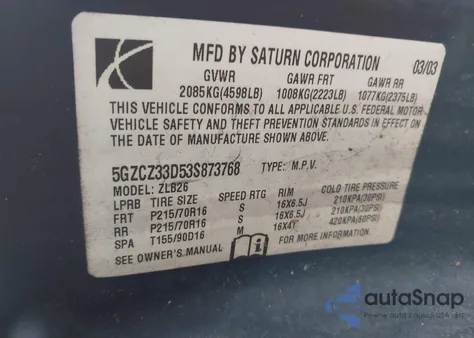 2003 Saturn Vue 4 Cyl из США, поврежденный, VIN 5GZCZ33D53S873768